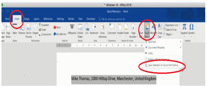 quick parts in outlook 365
